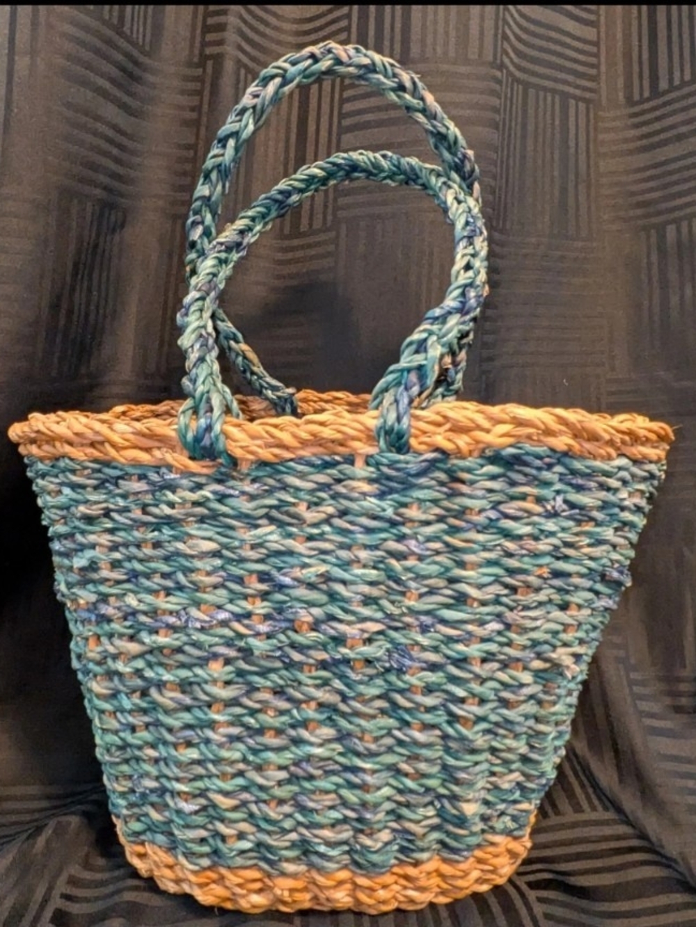 Handwoven Blue and Natural Straw Tote Bag